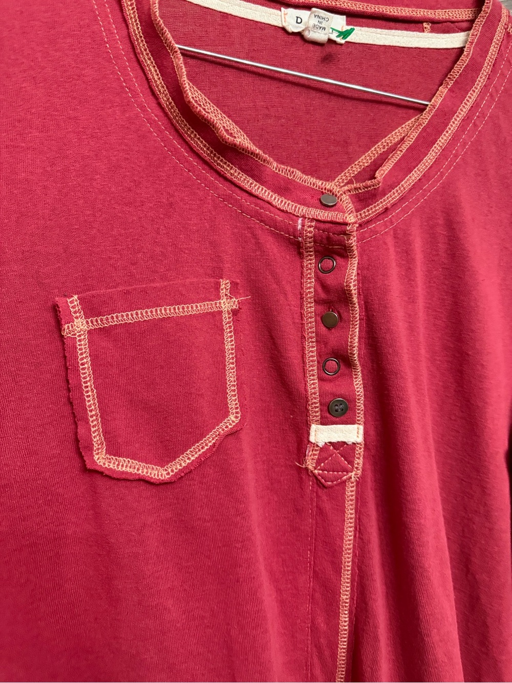 POL Long-Sleeve Henley Top in Deep Raspberry with Contrast Stitching - Picture 2 of 5